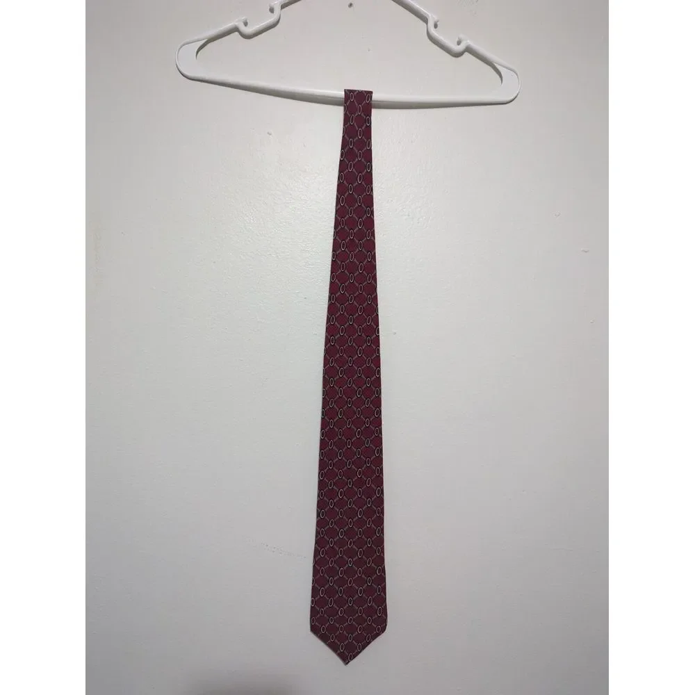 Geoffrey‎ Beene Mens Silk Necktie Burgundy Navy Geometric Oval Italian Fabric